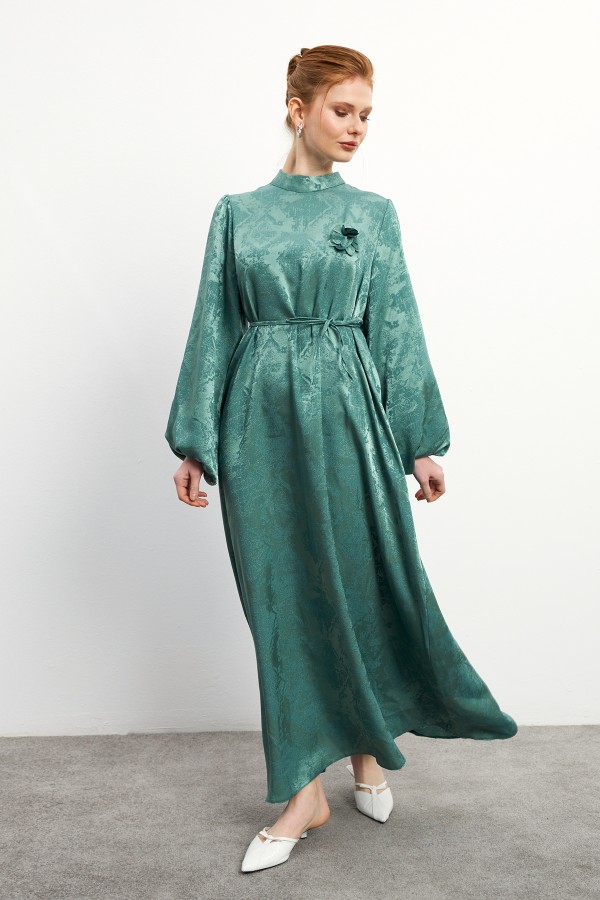Gül Detaylı Jakar Elbise - Mint