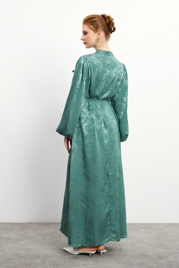 Gül Detaylı Jakar Elbise - Mint