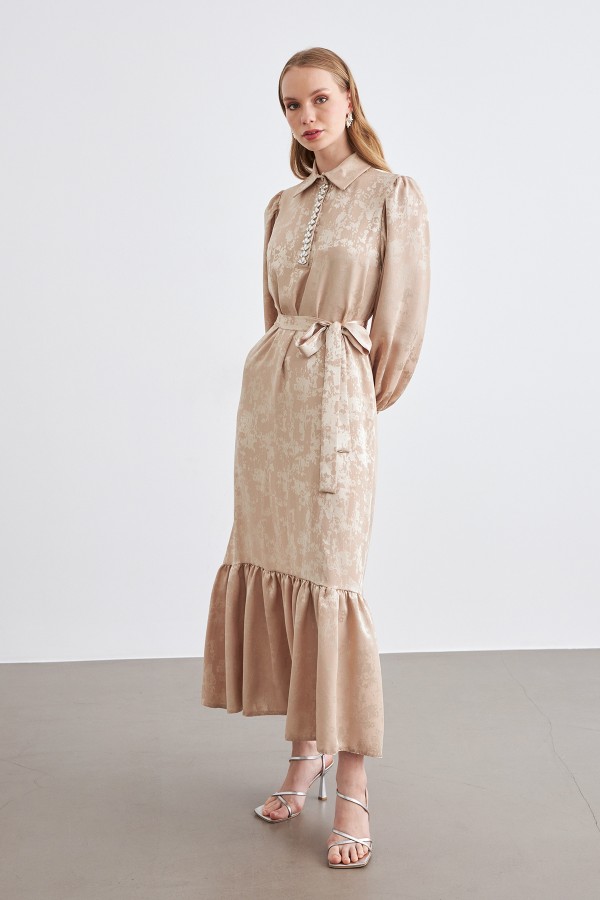 Mayra Taşlı Jakar Elbise - Bej