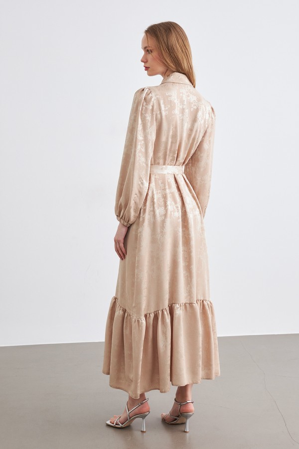 Mayra Taşlı Jakar Elbise - Bej