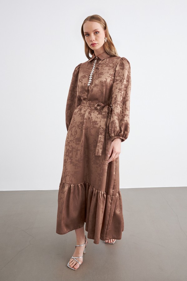 Mayra Taşlı Jakar Elbise - Camel
