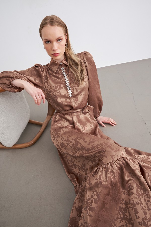 Mayra Taşlı Jakar Elbise - Camel