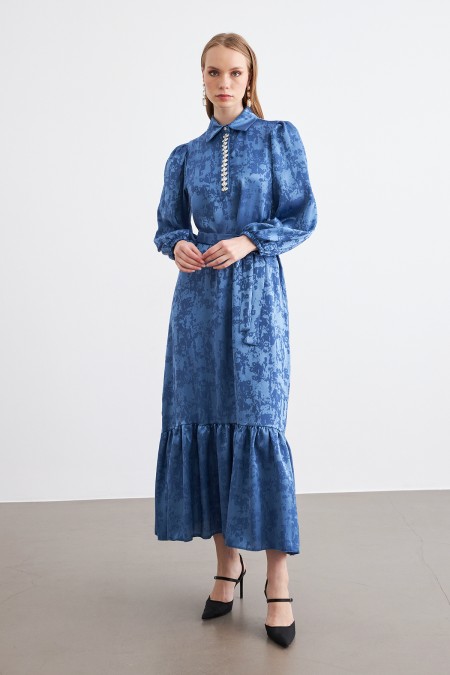 Mayra Taşlı Jakar Elbise - Indigo