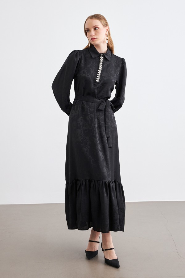 Mayra Taşlı Jakar Elbise - Siyah