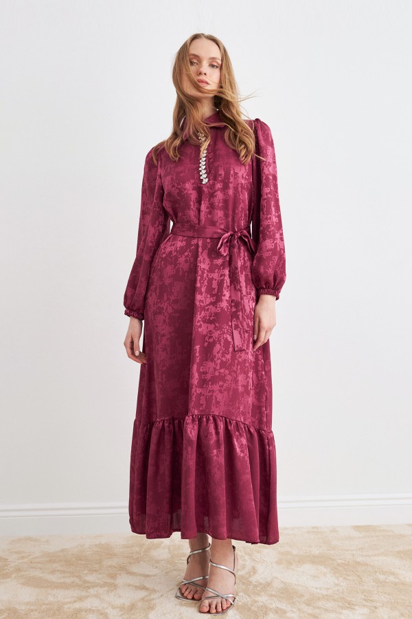 Mayra Taşlı Jakar Elbise - Bordo