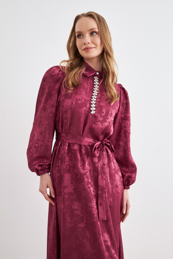 Mayra Taşlı Jakar Elbise - Bordo
