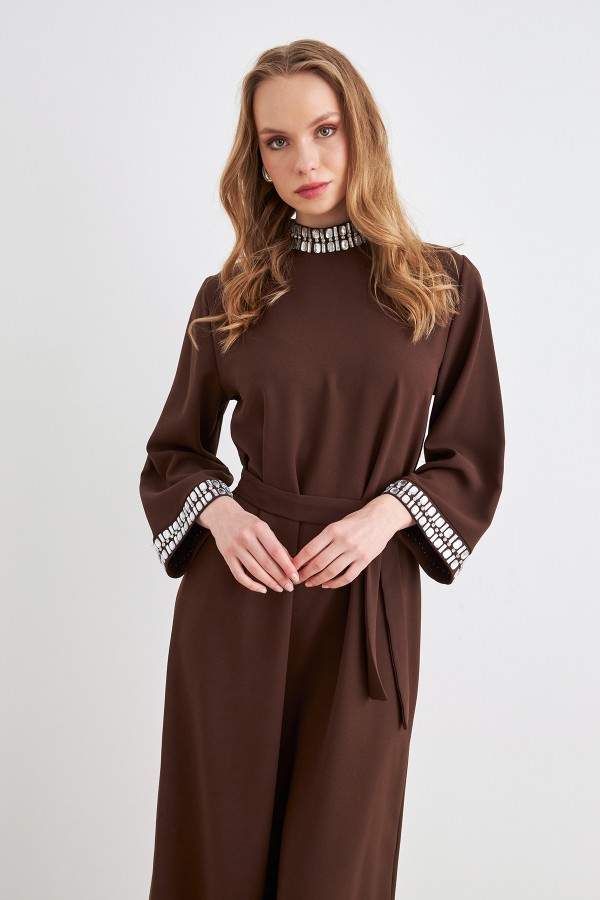 Beril Taşlı Elbise - Kahve