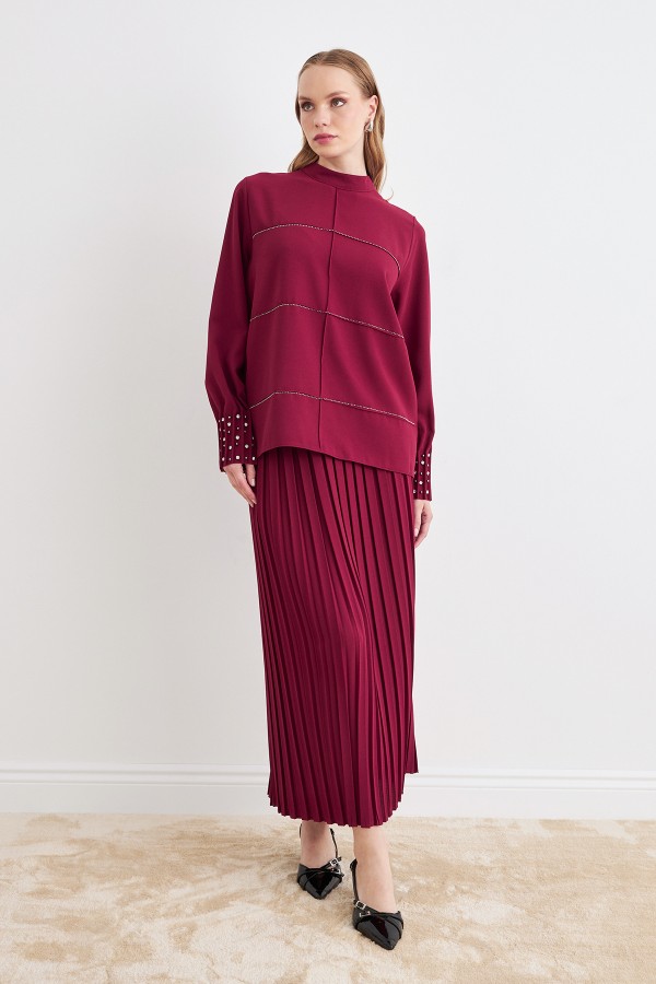 Arin Pleated Two Piece Suit - Claret Red
