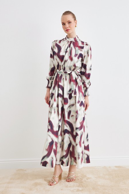 Desenli Saten Elbise - Bordo