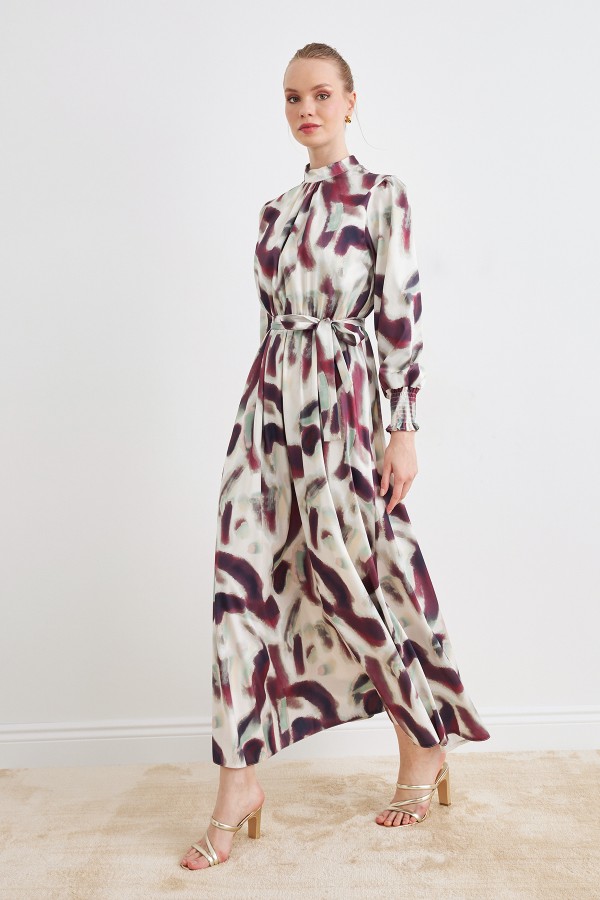 Patterned Satin Dress - Claret Red