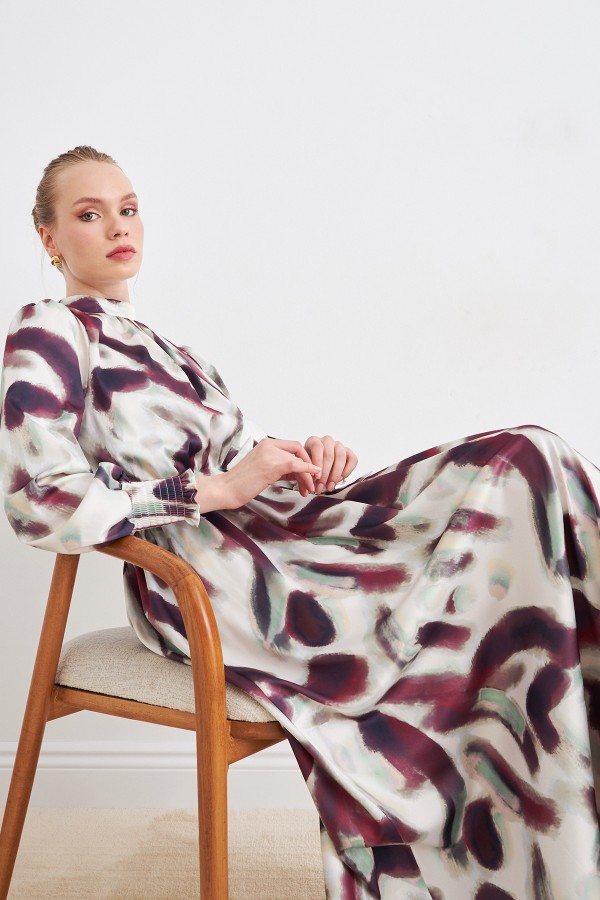 Desenli Saten Elbise - Bordo