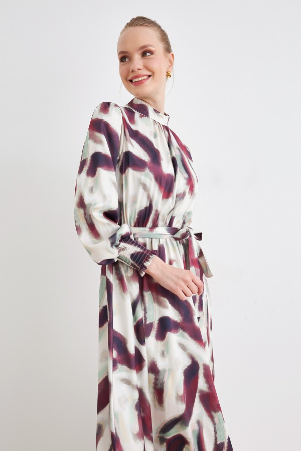 Desenli Saten Elbise - Bordo