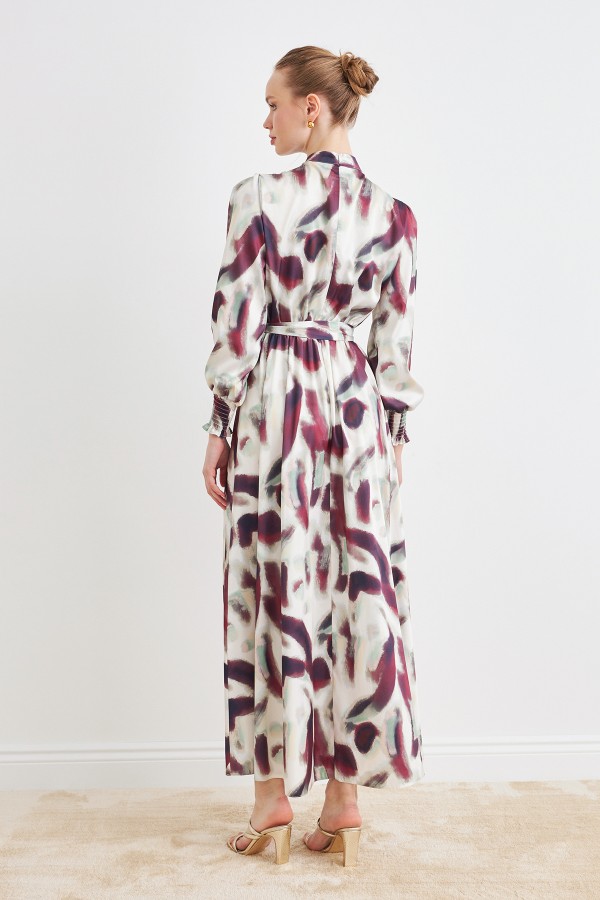 Desenli Saten Elbise - Bordo