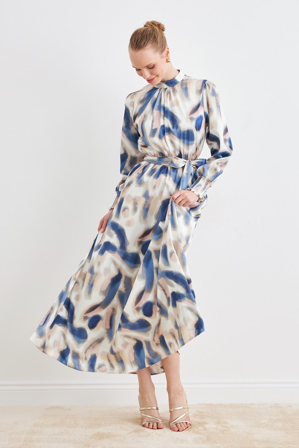 Desenli Saten Elbise - İndigo