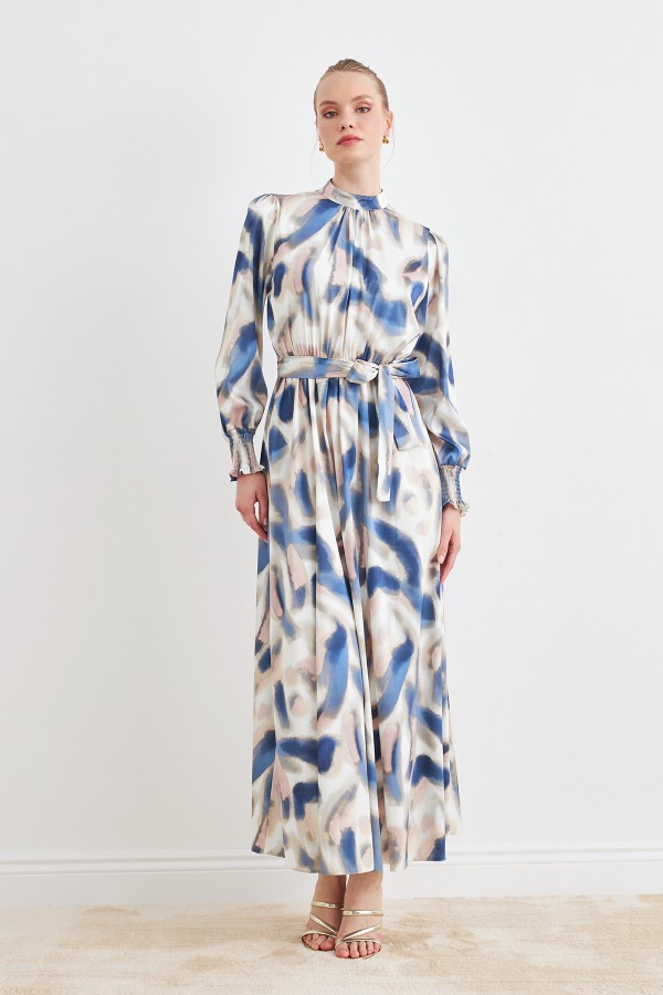 Desenli Saten Elbise - İndigo