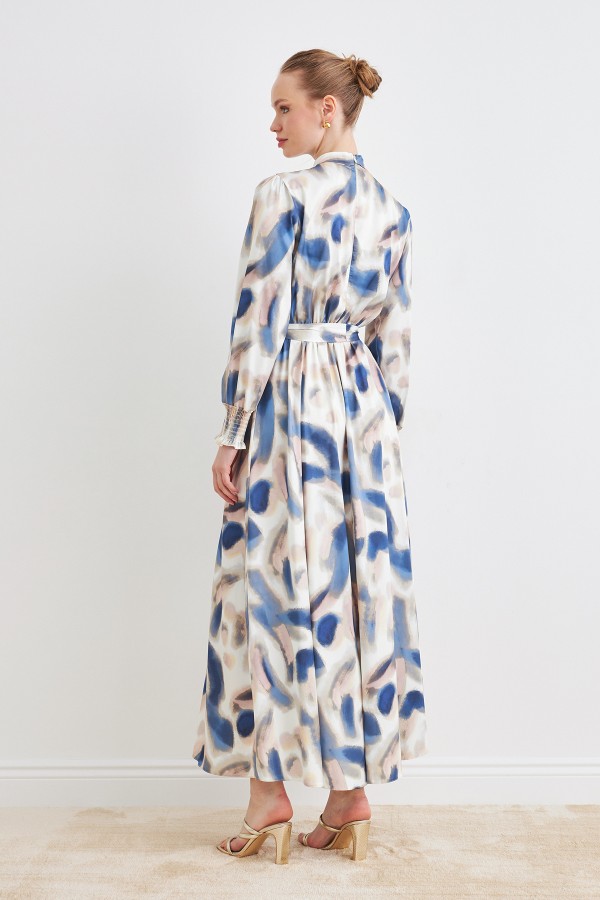 Desenli Saten Elbise - İndigo