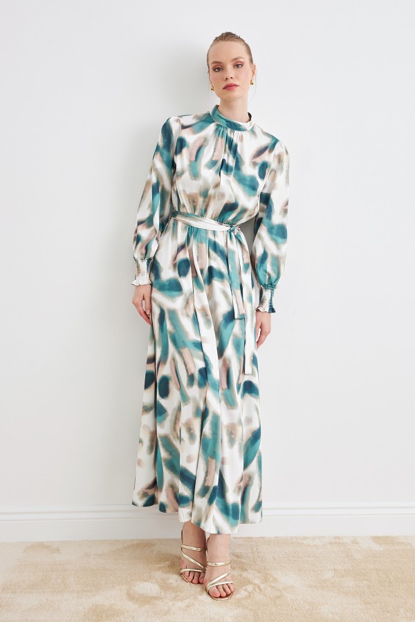 Desenli Saten Elbise - Mint