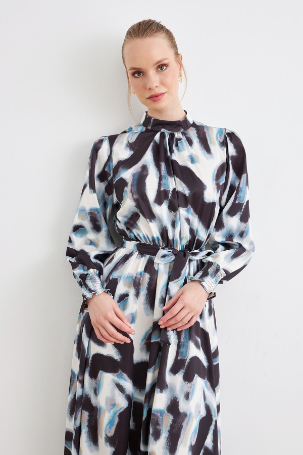 Patterned Satin Dress - Black