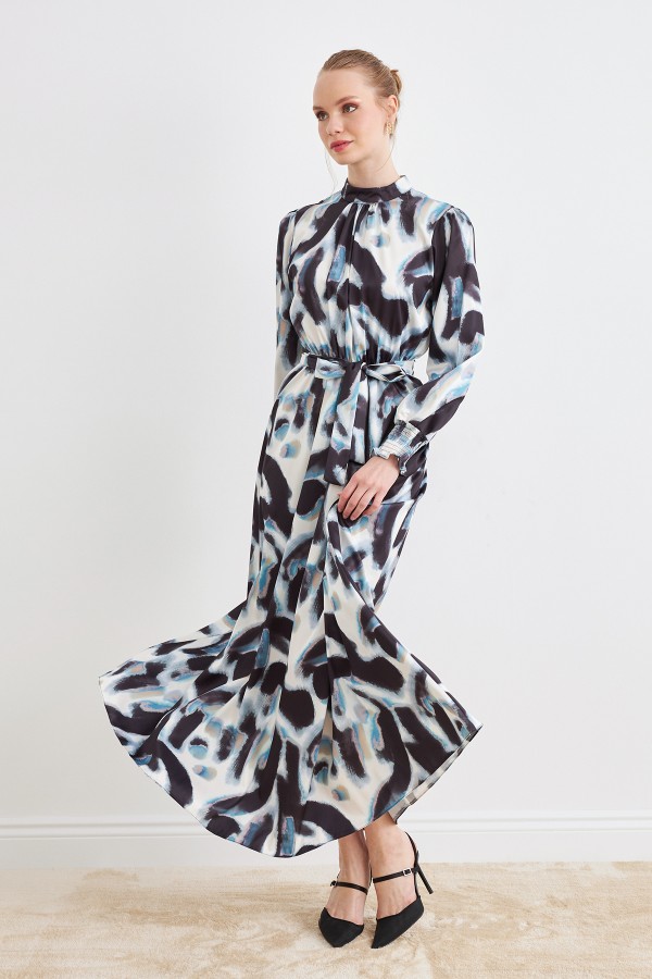 Patterned Satin Dress - Black