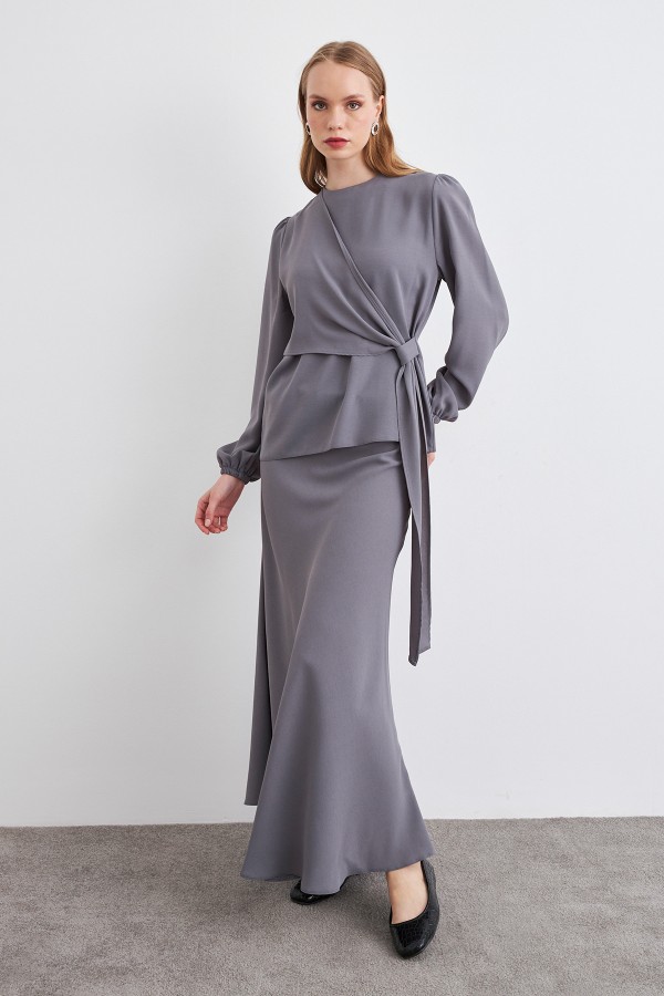 Roza Skirt Blouse Set - Gray