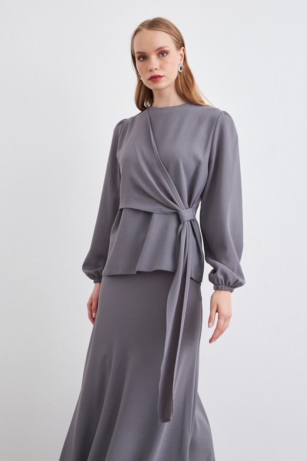 Roza Skirt Blouse Set - Gray