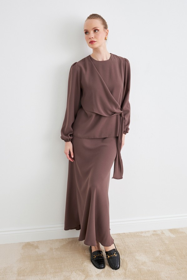 Roza Skirt Blouse Set - Brown