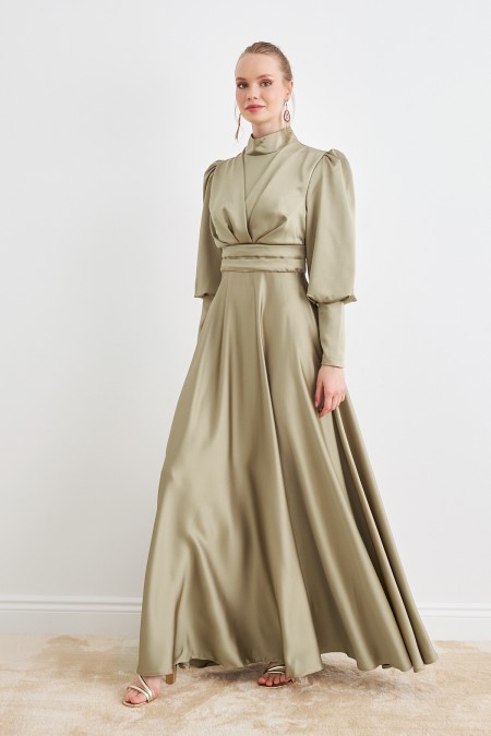 Alina Satin Evening Dress - Cagla Green