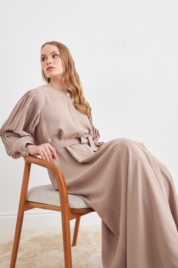 Pleated Sleeve Abaya - Beige