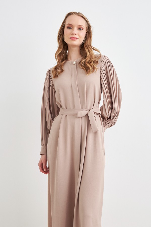 Pleated Sleeve Abaya - Beige
