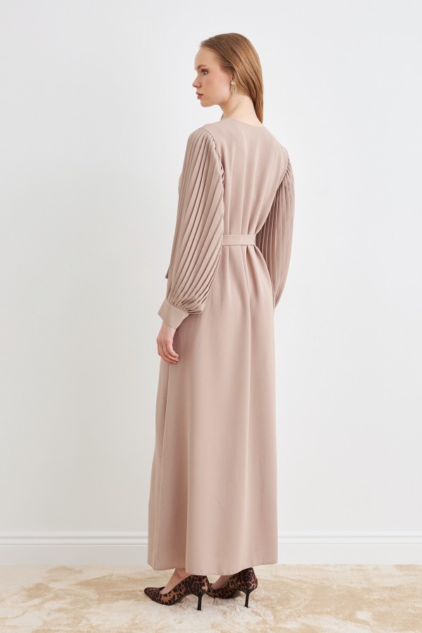 Pleated Sleeve Abaya - Beige