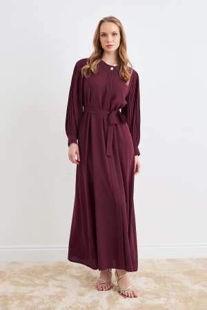Pleated Sleeve Abaya - Claret Red