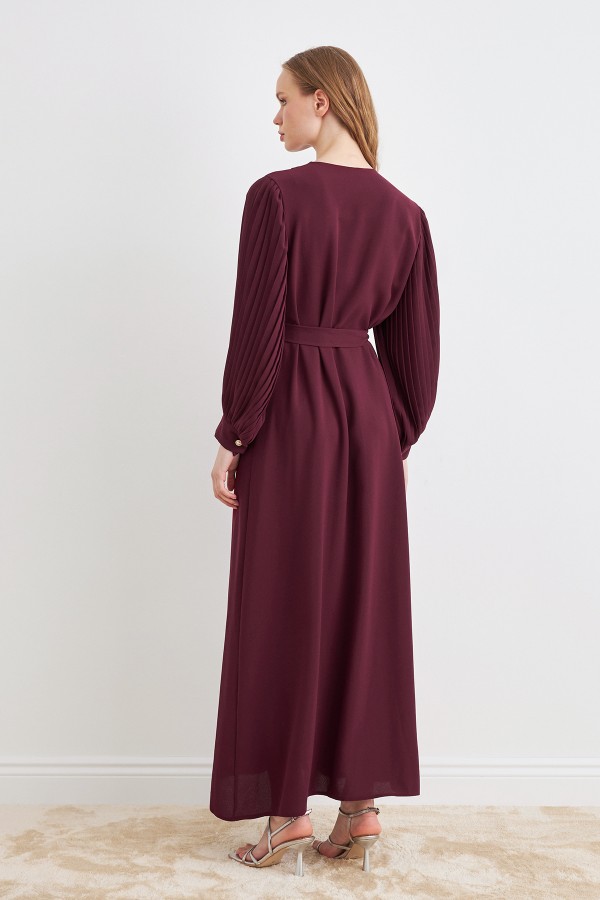 Pleated Sleeve Abaya - Claret Red