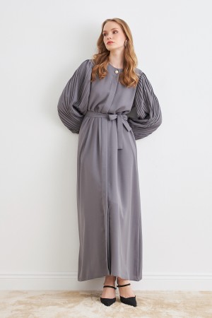 Pleated Sleeve Abaya - Gray