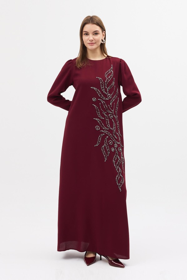 Lily Embellished Evening Dress - Burgundy