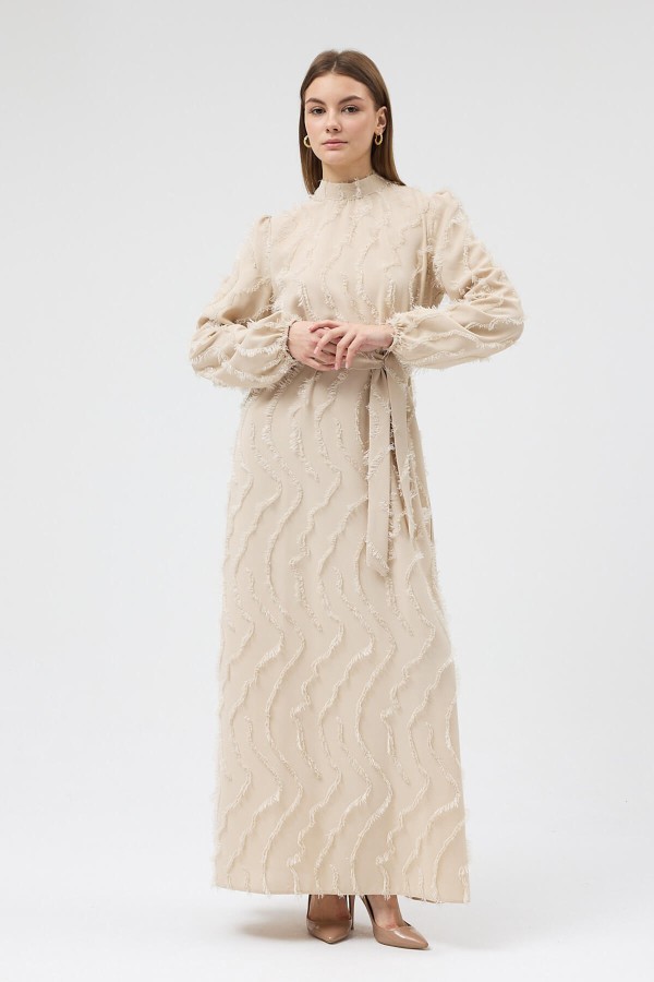 Miori Dokulu Elbise - Bej