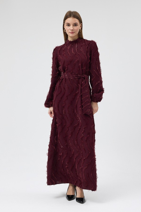 Miori Dokulu Elbise - Bordo