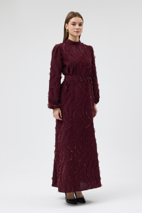 Miori Dokulu Elbise - Bordo