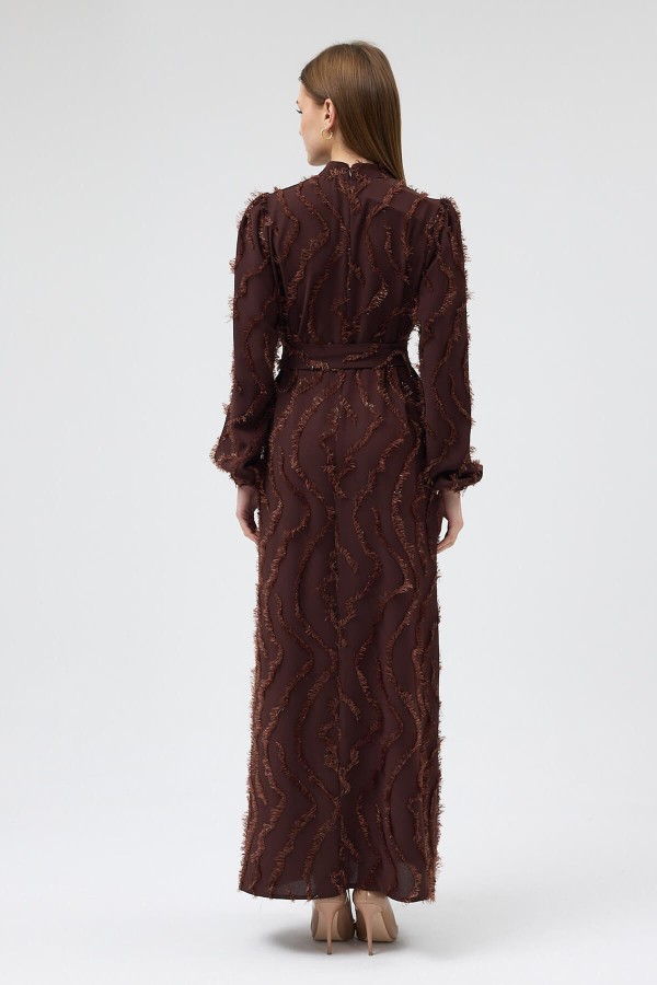 Miori Dokulu Elbise - Kahve