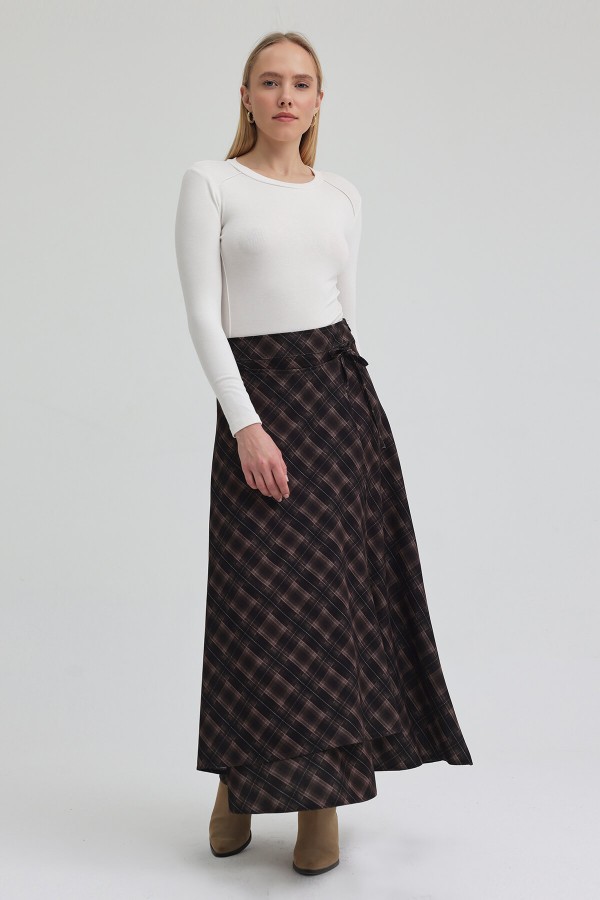 Ekoseli Kapaklı Etek - Kahve