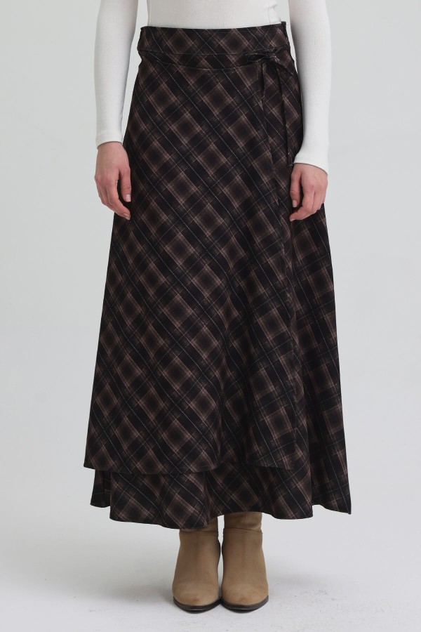 Ekoseli Kapaklı Etek - Kahve