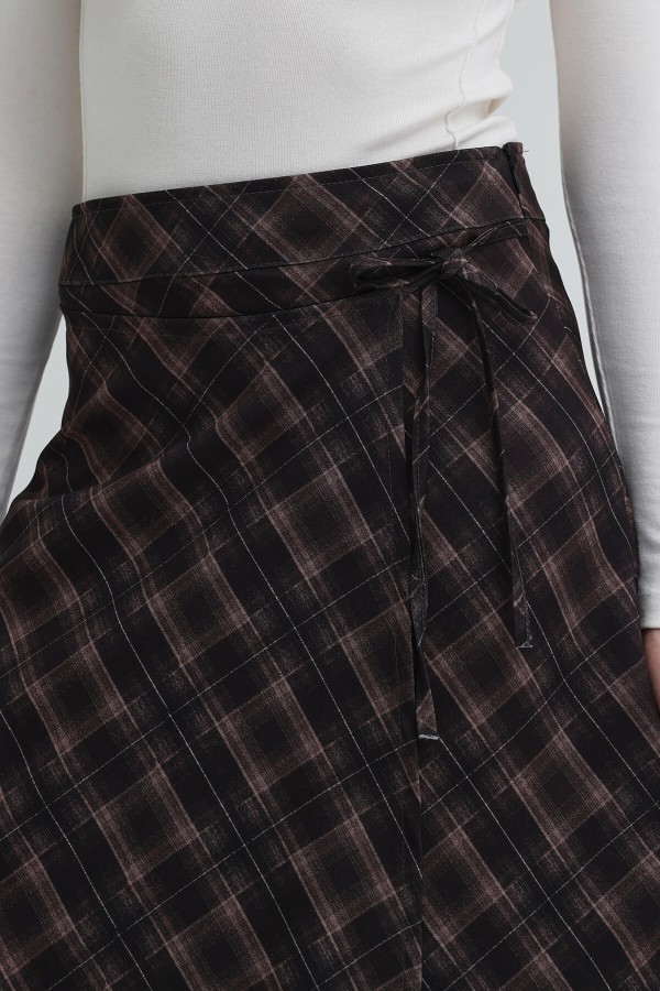 Ekoseli Kapaklı Etek - Kahve