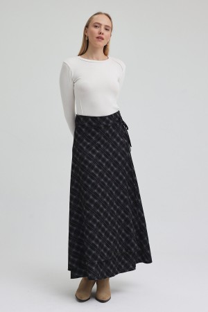 Ekoseli Kapaklı Etek - Siyah