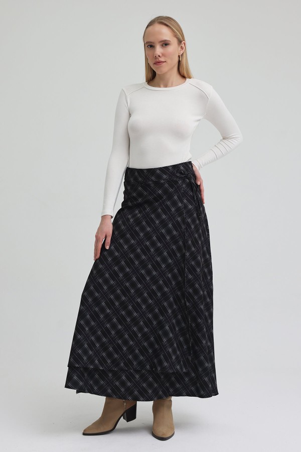 Ekoseli Kapaklı Etek - Siyah