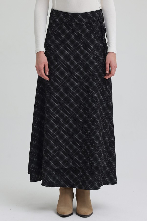 Ekoseli Kapaklı Etek - Siyah