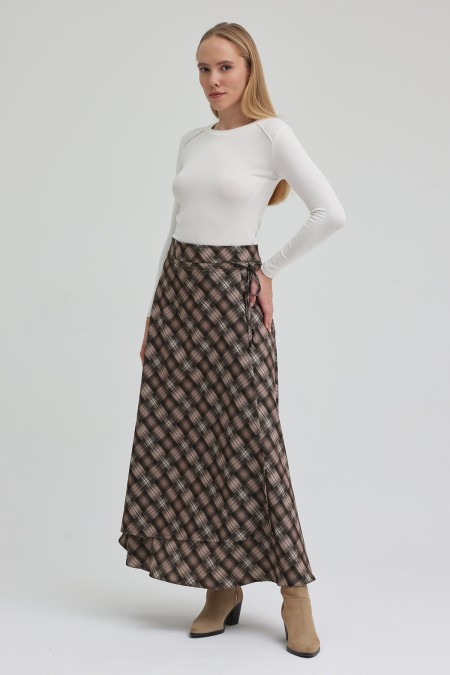 Ekoseli Kapaklı Etek - Vizon