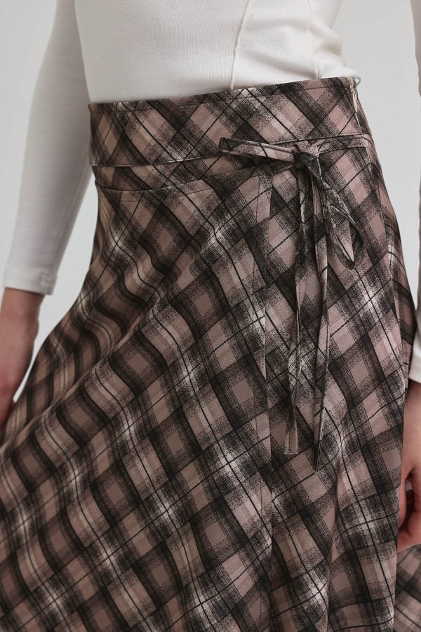 Ekoseli Kapaklı Etek - Vizon