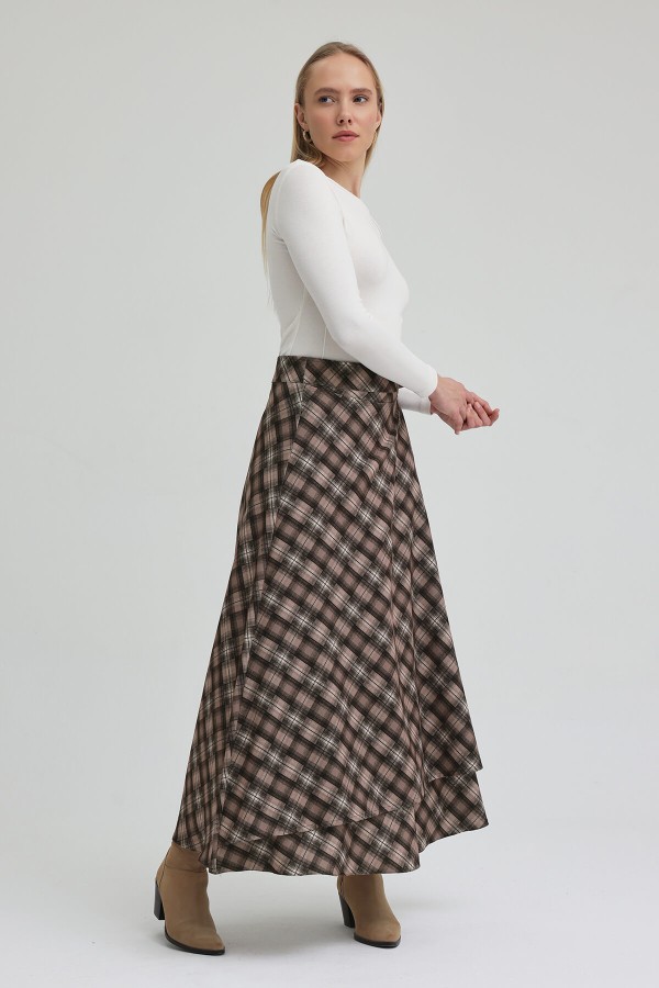 Ekoseli Kapaklı Etek - Vizon