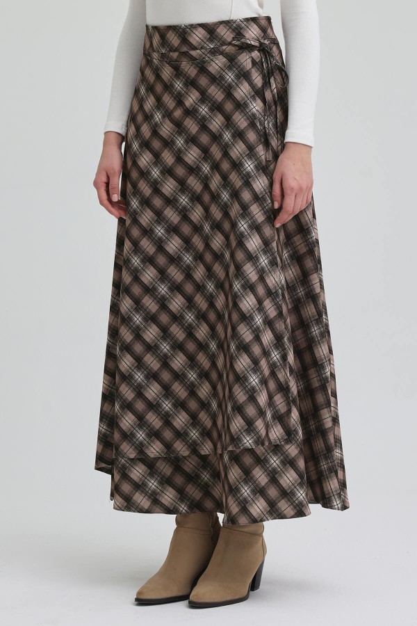 Ekoseli Kapaklı Etek - Vizon