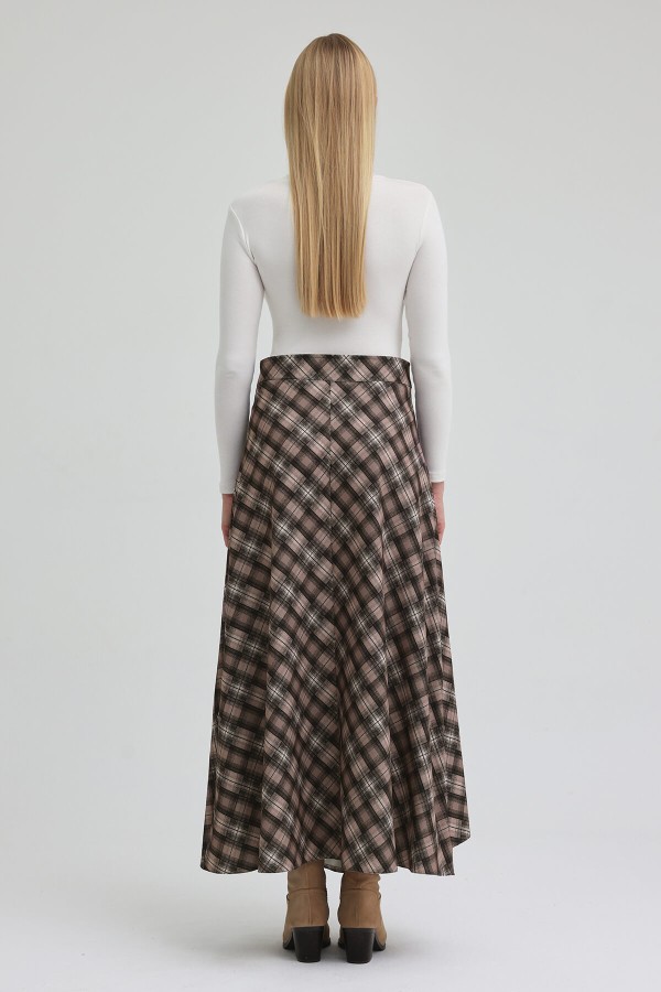 Ekoseli Kapaklı Etek - Vizon