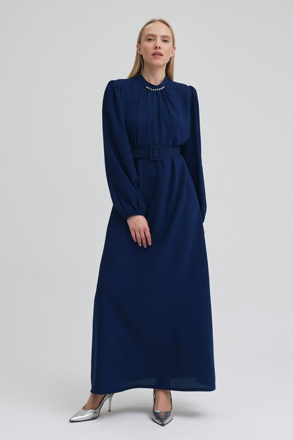 Yakası Taşlı Kemerli Elbise - Indigo